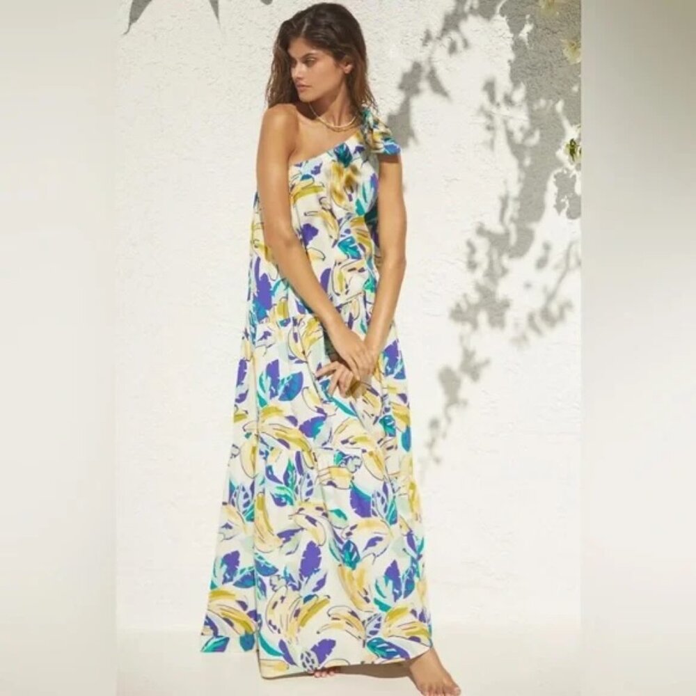 Anthropologie XL one-shoulder bow banana maxi dress NWT